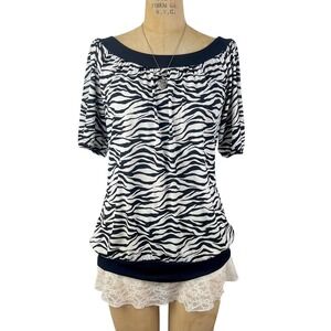 Y2K 2000's Blouse Zebra Print Banded Hem Womens M/L Mob Wife Retro Indie Party